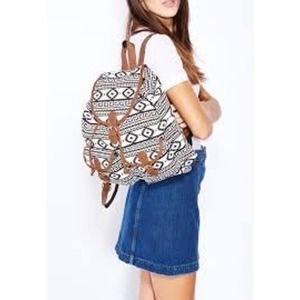 Emma & Chloe Boho Aztec Print Canvas Backpack Rucksack Black White